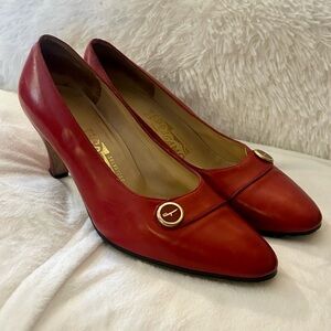 Salvatore Ferragamo (7.5) Vintage Red Leather Gold-Button Pumps